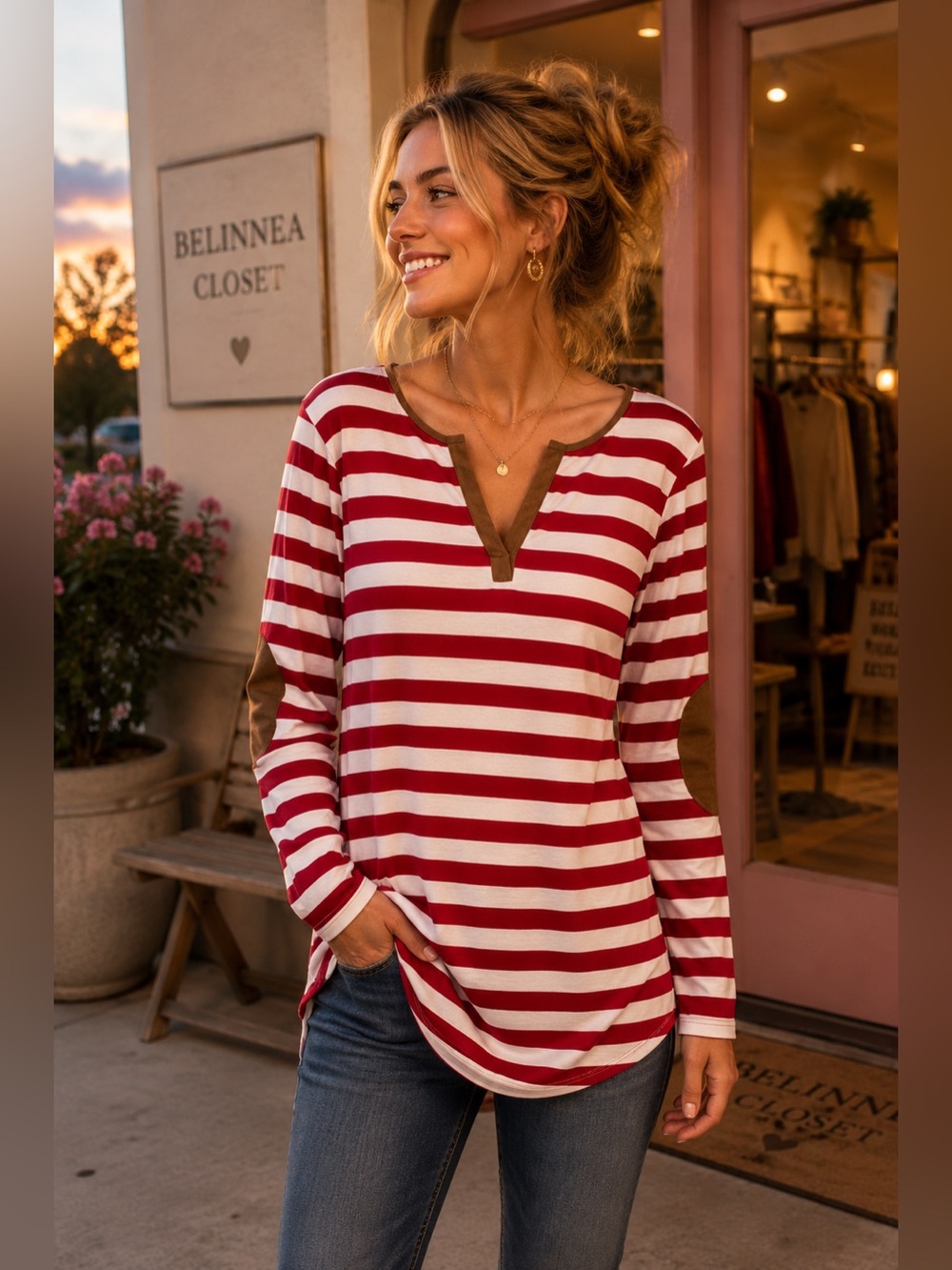 E2 Clothing Red White Striped Tunic Top | Elbow Patch Long Sleeve | Medium